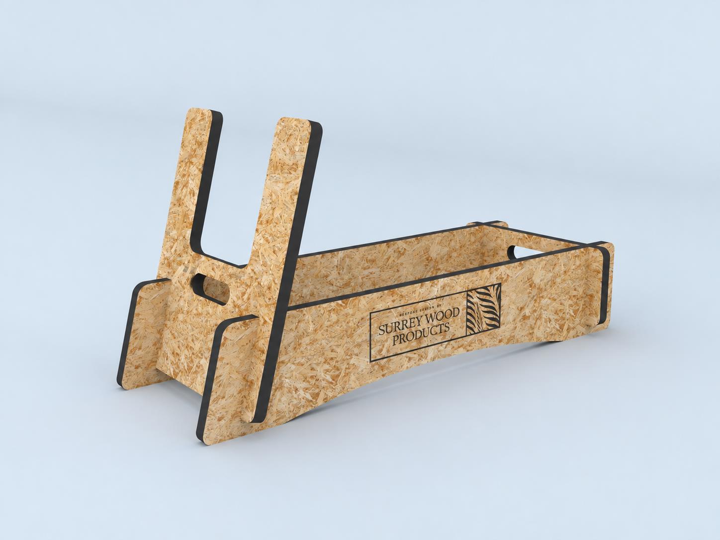 Product visual showing an interlocking board assembly with branded side panel